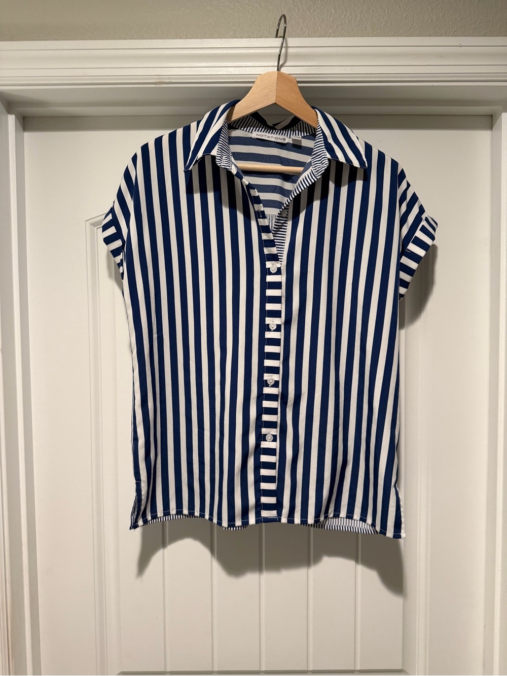 Notations Blue and White Vertical Stripe Button-Down Top